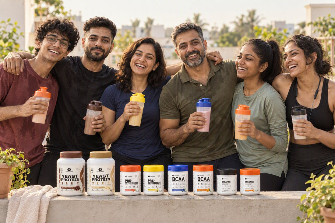 Six friends of different ages on a rooftop after a workout, holding shakers