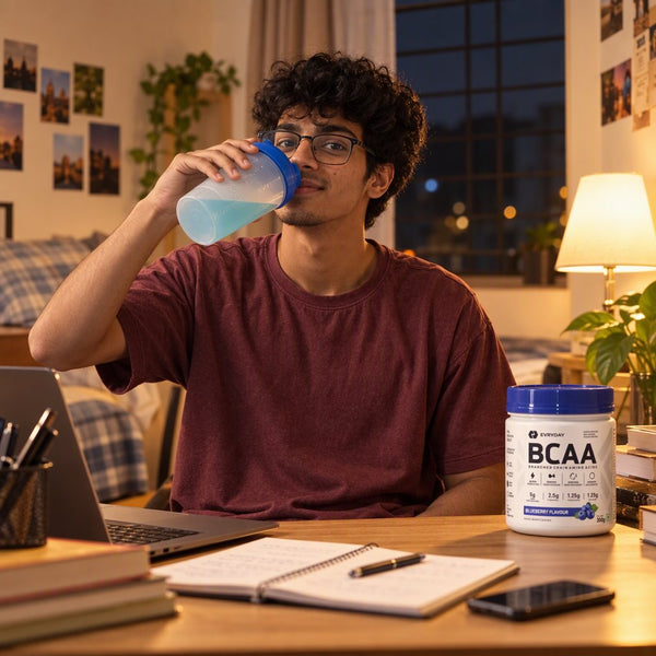 A student at his desk with EVRYDAY BCAA