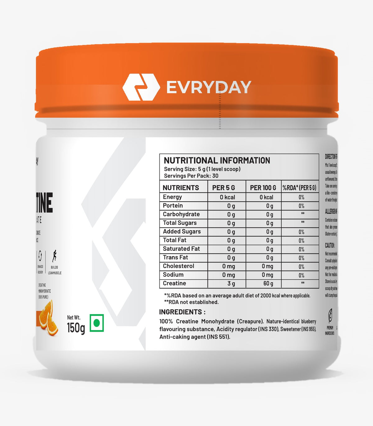 EVRYDAY Creatine Monohydrate - Tangy Orange nutrition label