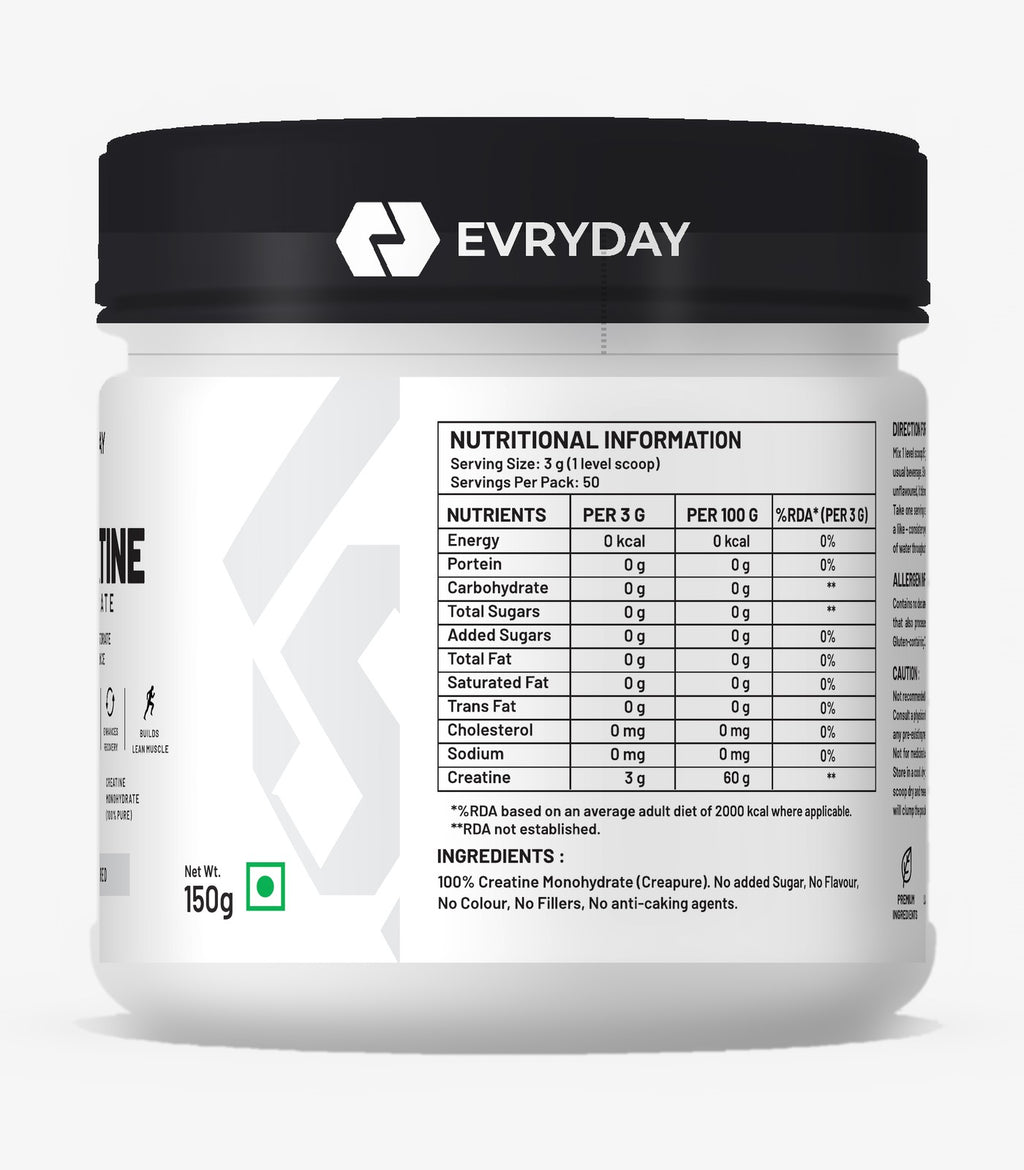 EVRYDAY Creatine Monohydrate - Unflavoured nutrition label