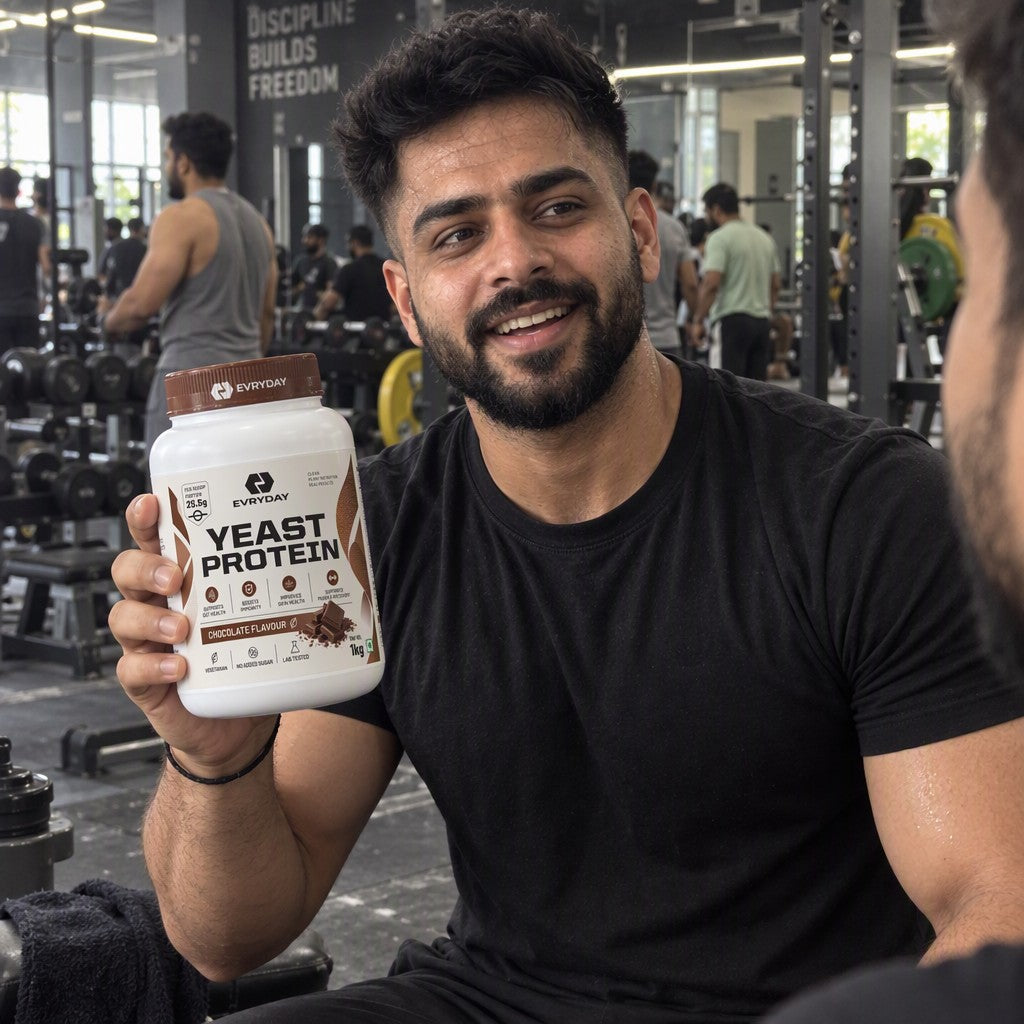 Customer holding EVRYDAY Fermented Yeast Protein - Chocolate