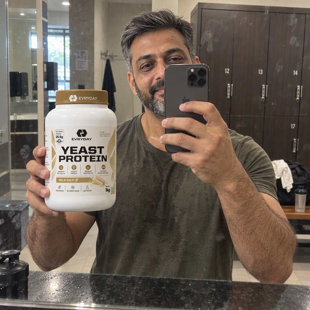 Gym selfie with EVRYDAY Fermented Yeast Protein - Malai Kulfi